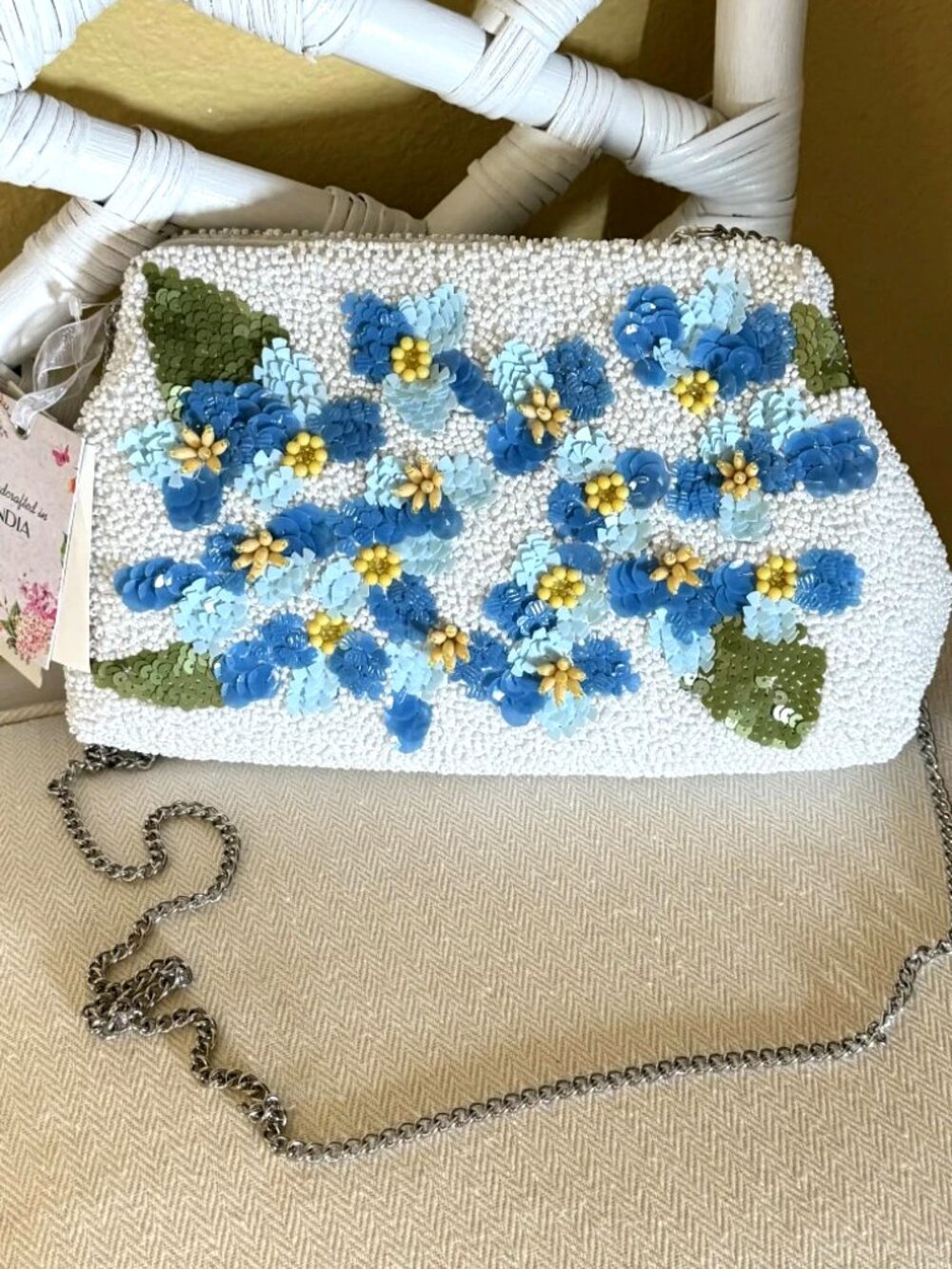 Handcrafted in India Floral Beaded Clutch Artisan White Blue Bag NWT